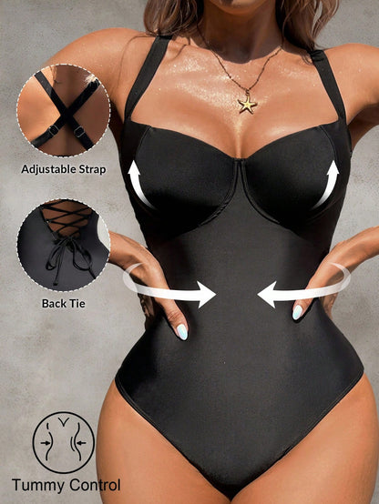 Shapewave Women Halter Tummy Control One-Piece Swimsuit, Elegant Casual For Spring/Summer Beach Vacation, Party