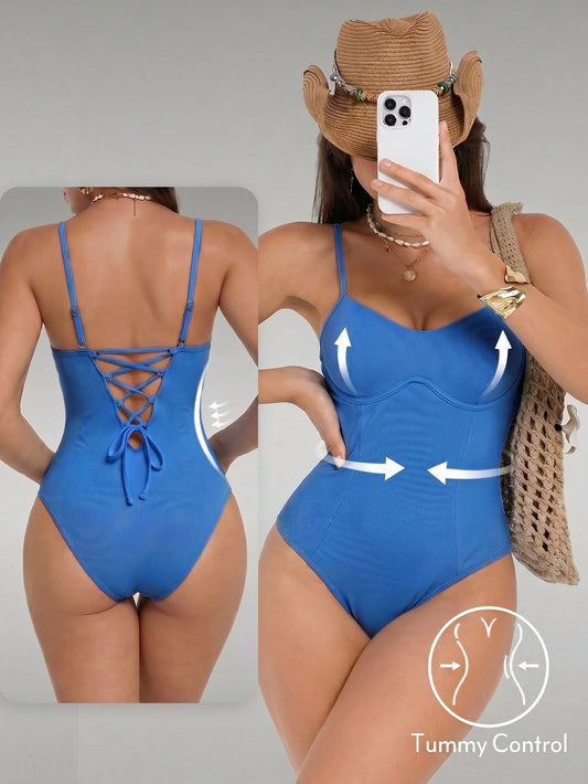 Shapewave Women's Solid Color Back Tie Strap One-Piece Swimsuit For Vacation