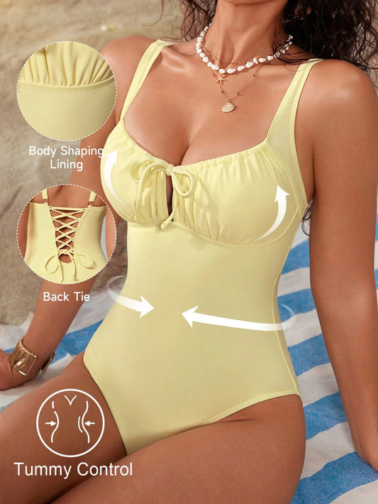 Shapewave Women's Solid Color Knotted Ruched One-Piece Swimsuit, Casual Beach Vacation Tummy Control Pushup Tummy Control Women's Bathing Suit Full Coverage Women's One Piece Swimsuit Yellow Swimsuit
