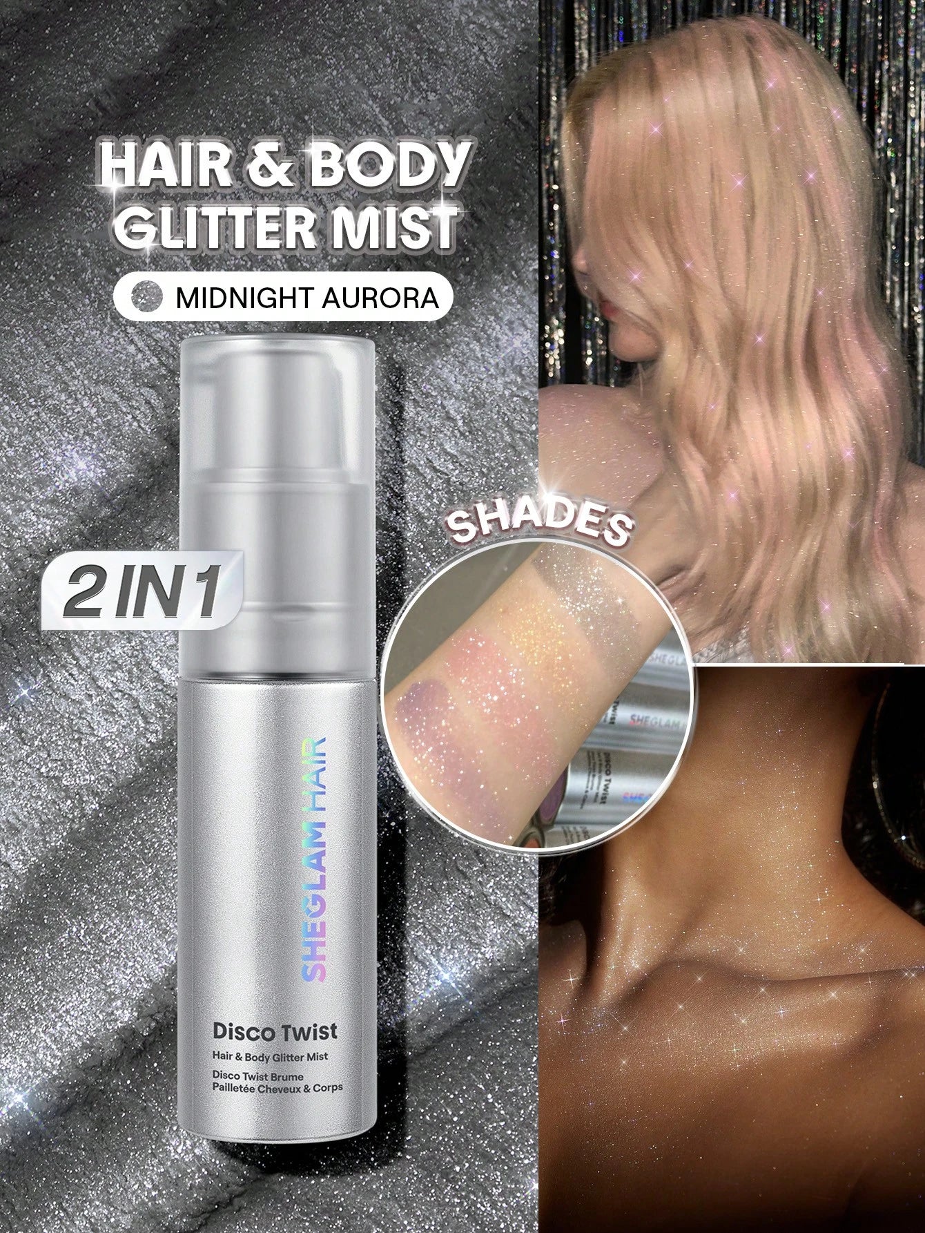 SHEGLAM HAIR Disco Twist Hair & Body Glitter Mist-Midnight Aurora, Shimmering Hair Spray, Delicate And Shiny, Soft And Smooth Hair Care, Smooth And Non-Clogging, Body Glitter Spray For Hair Body Face