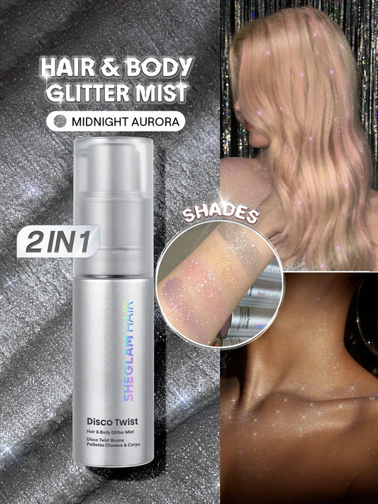 SHEGLAM HAIR Disco Twist Hair & Body Glitter Mist-Midnight Aurora, Shimmering Hair Spray, Delicate And Shiny, Soft And Smooth Hair Care, Smooth And Non-Clogging, Body Glitter Spray For Hair Body Face