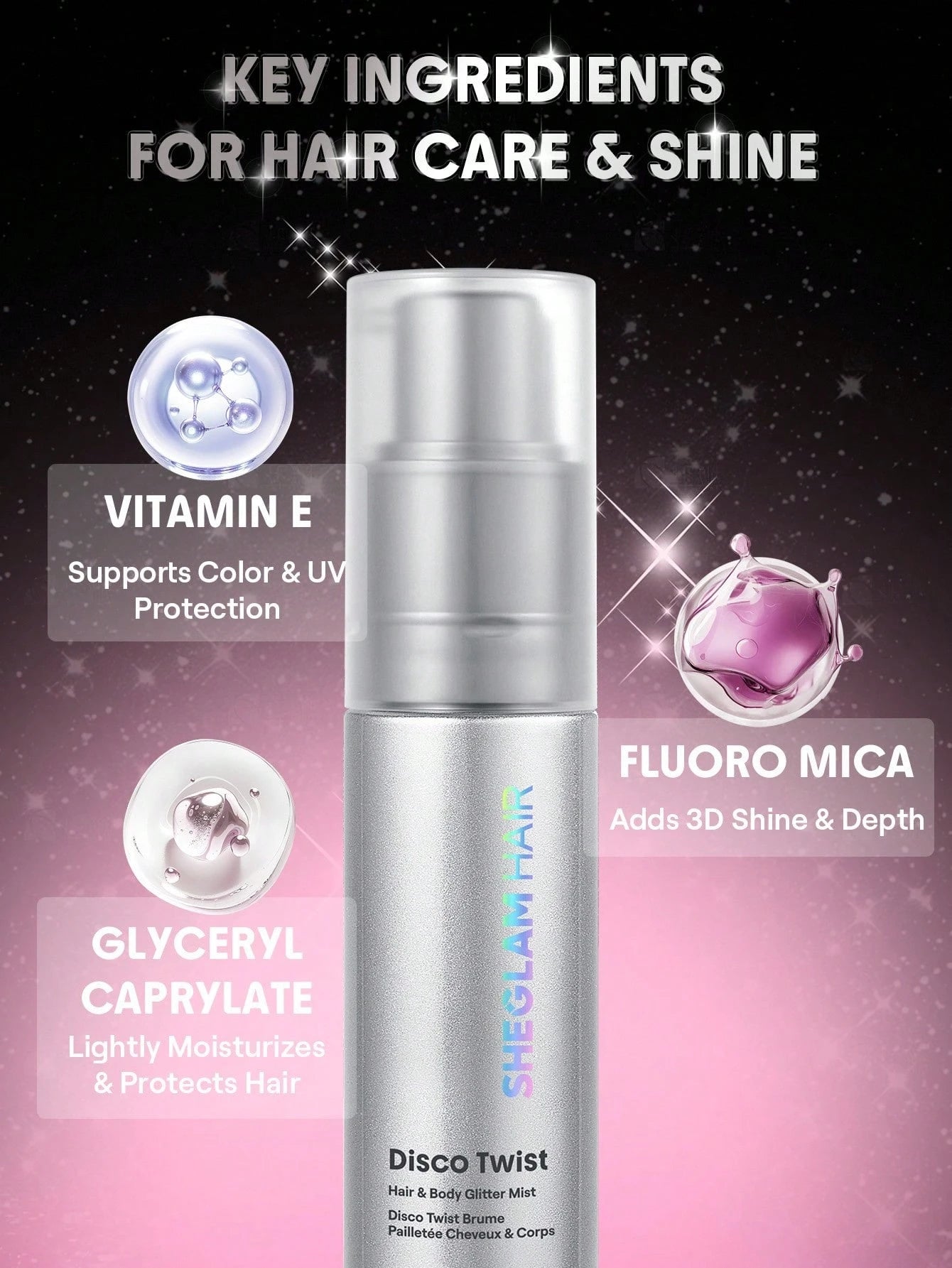 SHEGLAM HAIR Disco Twist Hair & Body Glitter Mist-Midnight Aurora, Shimmering Hair Spray, Delicate And Shiny, Soft And Smooth Hair Care, Smooth And Non-Clogging, Body Glitter Spray For Hair Body Face