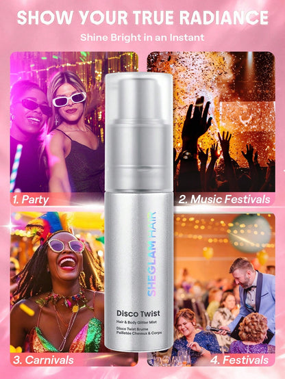 SHEGLAM HAIR Disco Twist Hair & Body Glitter Mist-Midnight Aurora, Shimmering Hair Spray, Delicate And Shiny, Soft And Smooth Hair Care, Smooth And Non-Clogging, Body Glitter Spray For Hair Body Face