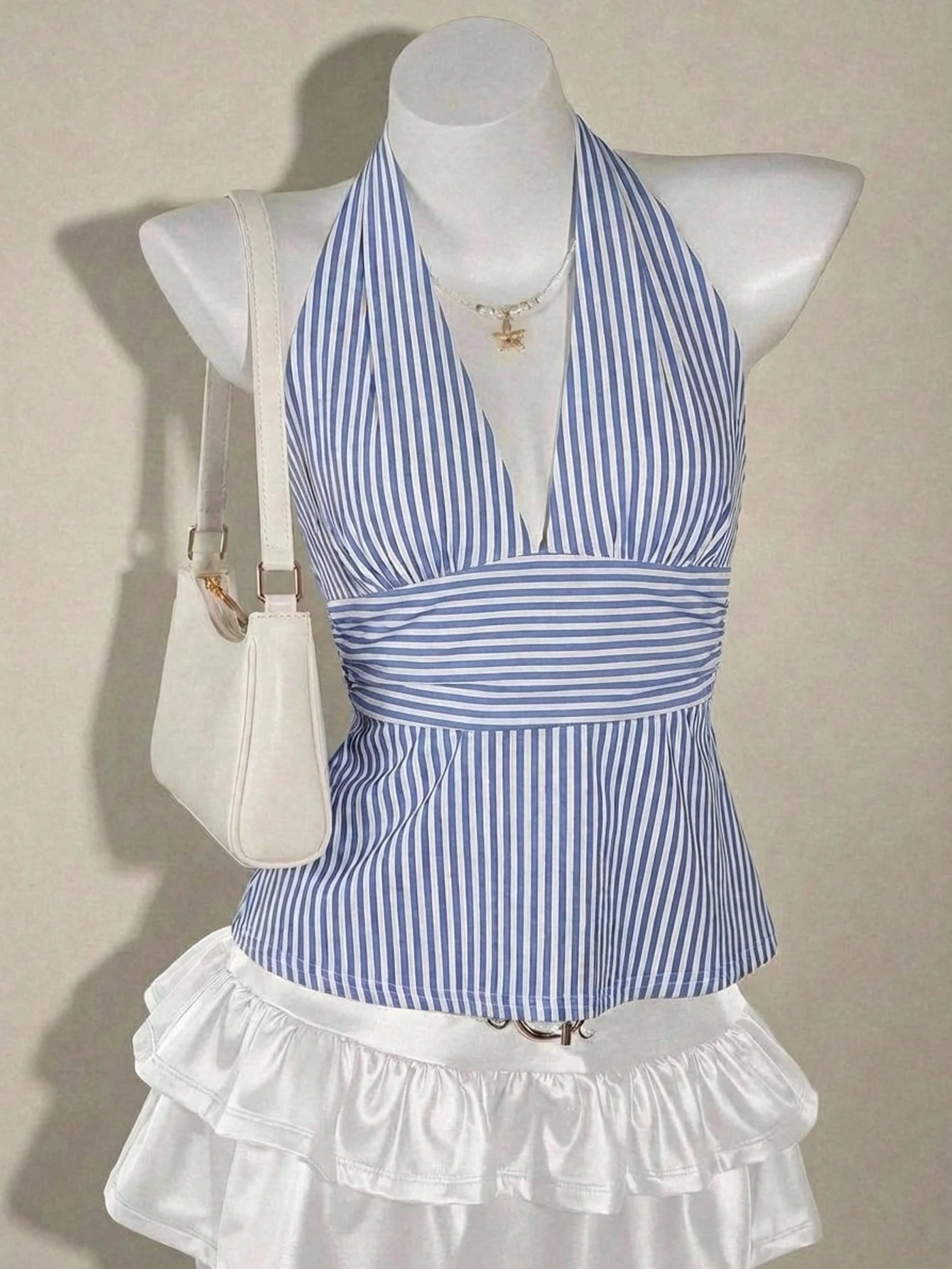 SHEIN ICON Casual Vintage Elegant Commuter Versatile Blue & White Striped Print Halter Top, Suitable For Spring/Summer, Comfortable Summer Holiday & Beach Women