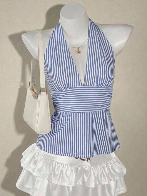 SHEIN ICON Casual Vintage Elegant Commuter Versatile Blue & White Striped Print Halter Top, Suitable For Spring/Summer, Comfortable Summer Holiday & Beach Women