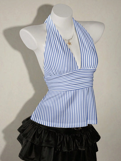 SHEIN ICON Casual Vintage Elegant Commuter Versatile Blue & White Striped Print Halter Top, Suitable For Spring/Summer, Comfortable Summer Holiday & Beach Women
