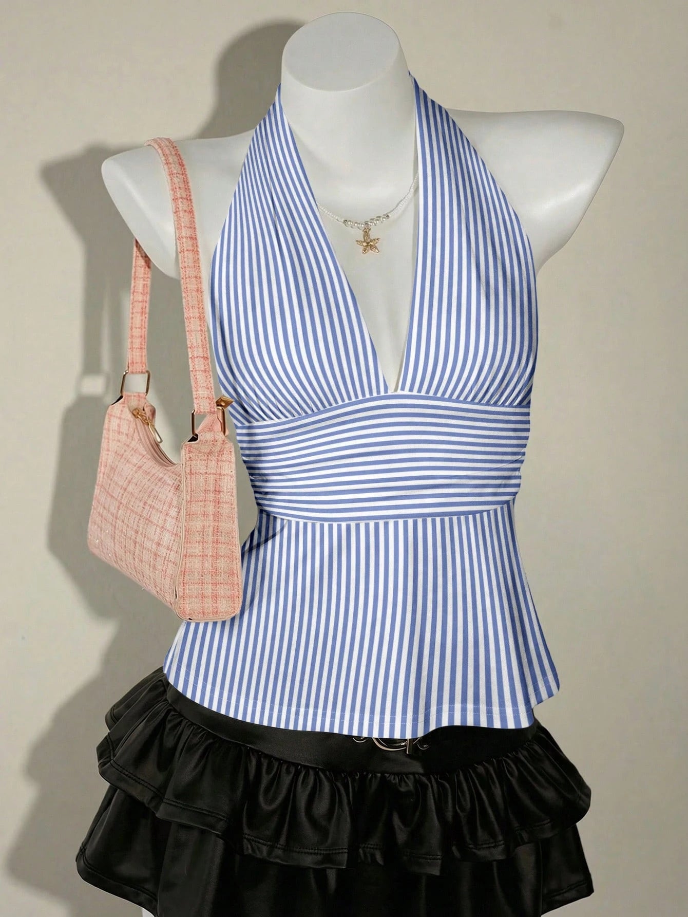 SHEIN ICON Casual Vintage Elegant Commuter Versatile Blue & White Striped Print Halter Top, Suitable For Spring/Summer, Comfortable Summer Holiday & Beach Women