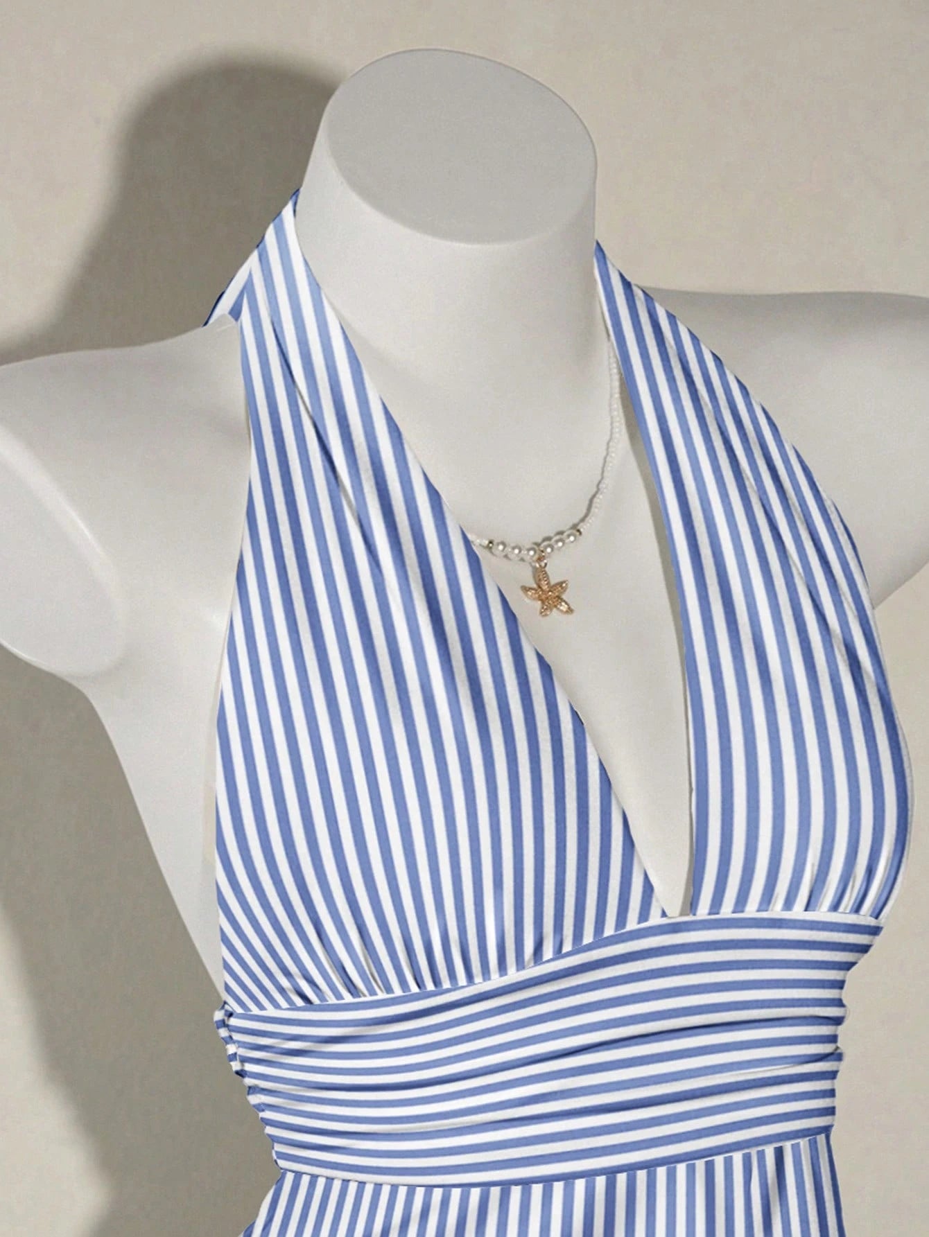SHEIN ICON Casual Vintage Elegant Commuter Versatile Blue & White Striped Print Halter Top, Suitable For Spring/Summer, Comfortable Summer Holiday & Beach Women