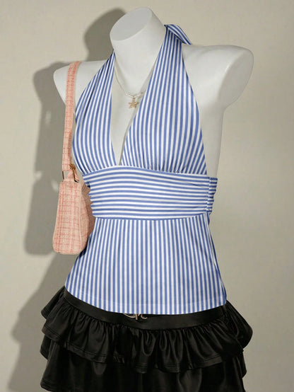SHEIN ICON Casual Vintage Elegant Commuter Versatile Blue & White Striped Print Halter Top, Suitable For Spring/Summer, Comfortable Summer Holiday & Beach Women