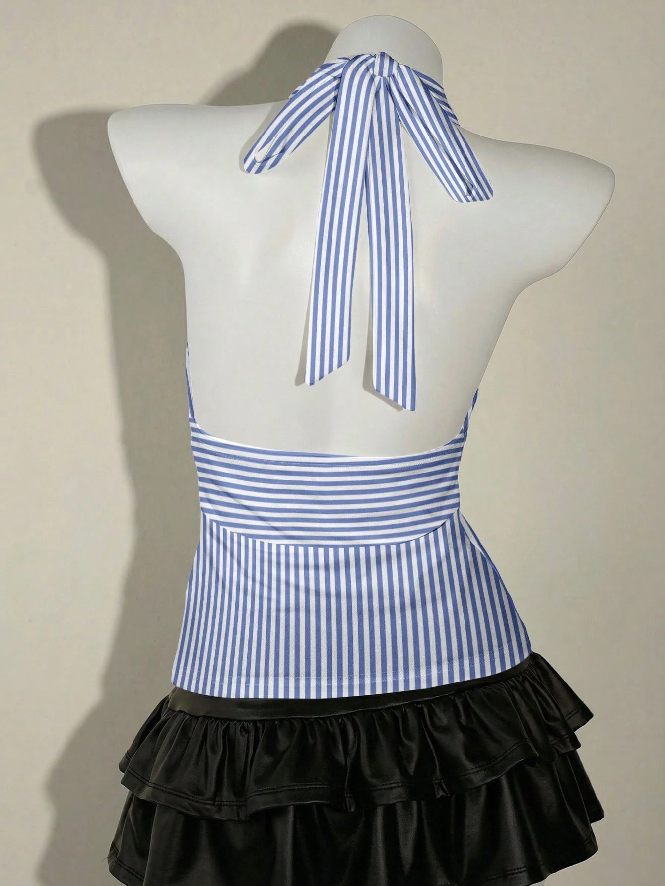 SHEIN ICON Casual Vintage Elegant Commuter Versatile Blue & White Striped Print Halter Top, Suitable For Spring/Summer, Comfortable Summer Holiday & Beach Women