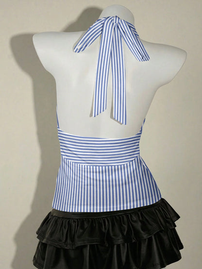 SHEIN ICON Casual Vintage Elegant Commuter Versatile Blue & White Striped Print Halter Top, Suitable For Spring/Summer, Comfortable Summer Holiday & Beach Women