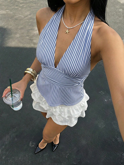 SHEIN ICON Casual Vintage Elegant Commuter Versatile Blue & White Striped Print Halter Top, Suitable For Spring/Summer, Comfortable Summer Holiday & Beach Women