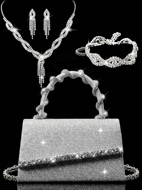Shiny Women's Clutch Bag, New Rhinestone Evening Bag, Women's Party Bag, Luxury Envelope Bag, Bridal Wedding Bag, Paired With Shiny Rhinestone Jewelry 3 Pieces Set, Rhinestone Necklace, Earrings, Brac