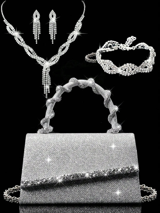 Shiny Women's Clutch Bag, New Rhinestone Evening Bag, Women's Party Bag, Luxury Envelope Bag, Bridal Wedding Bag, Paired With Shiny Rhinestone Jewelry 3 Pieces Set, Rhinestone Necklace, Earrings, Brac