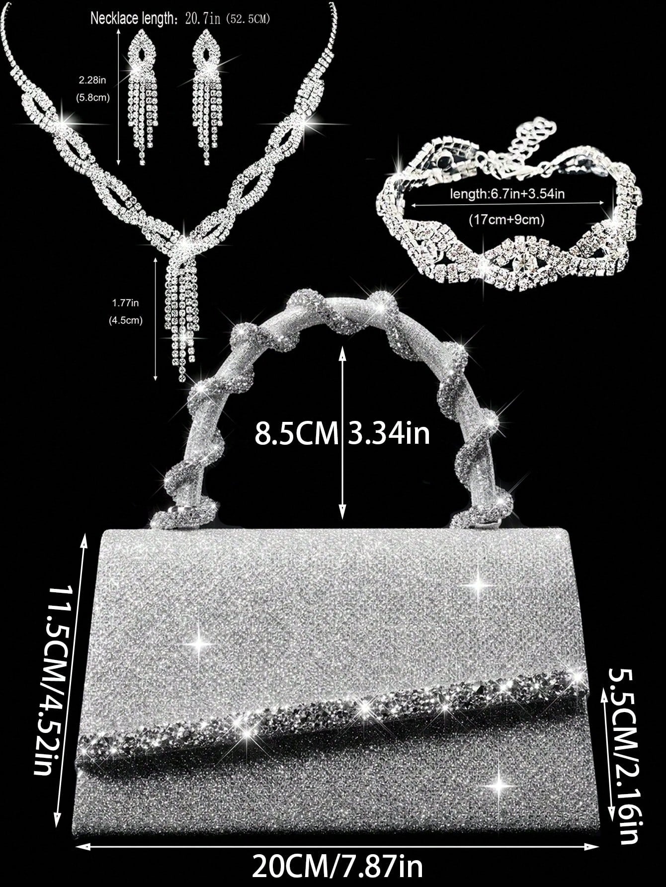 Shiny Women's Clutch Bag, New Rhinestone Evening Bag, Women's Party Bag, Luxury Envelope Bag, Bridal Wedding Bag, Paired With Shiny Rhinestone Jewelry 3 Pieces Set, Rhinestone Necklace, Earrings, Brac