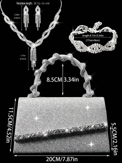 Shiny Women's Clutch Bag, New Rhinestone Evening Bag, Women's Party Bag, Luxury Envelope Bag, Bridal Wedding Bag, Paired With Shiny Rhinestone Jewelry 3 Pieces Set, Rhinestone Necklace, Earrings, Brac