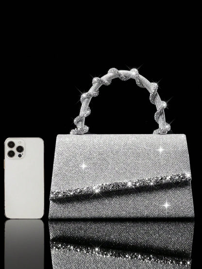 Shiny Women's Clutch Bag, New Rhinestone Evening Bag, Women's Party Bag, Luxury Envelope Bag, Bridal Wedding Bag, Paired With Shiny Rhinestone Jewelry 3 Pieces Set, Rhinestone Necklace, Earrings, Brac