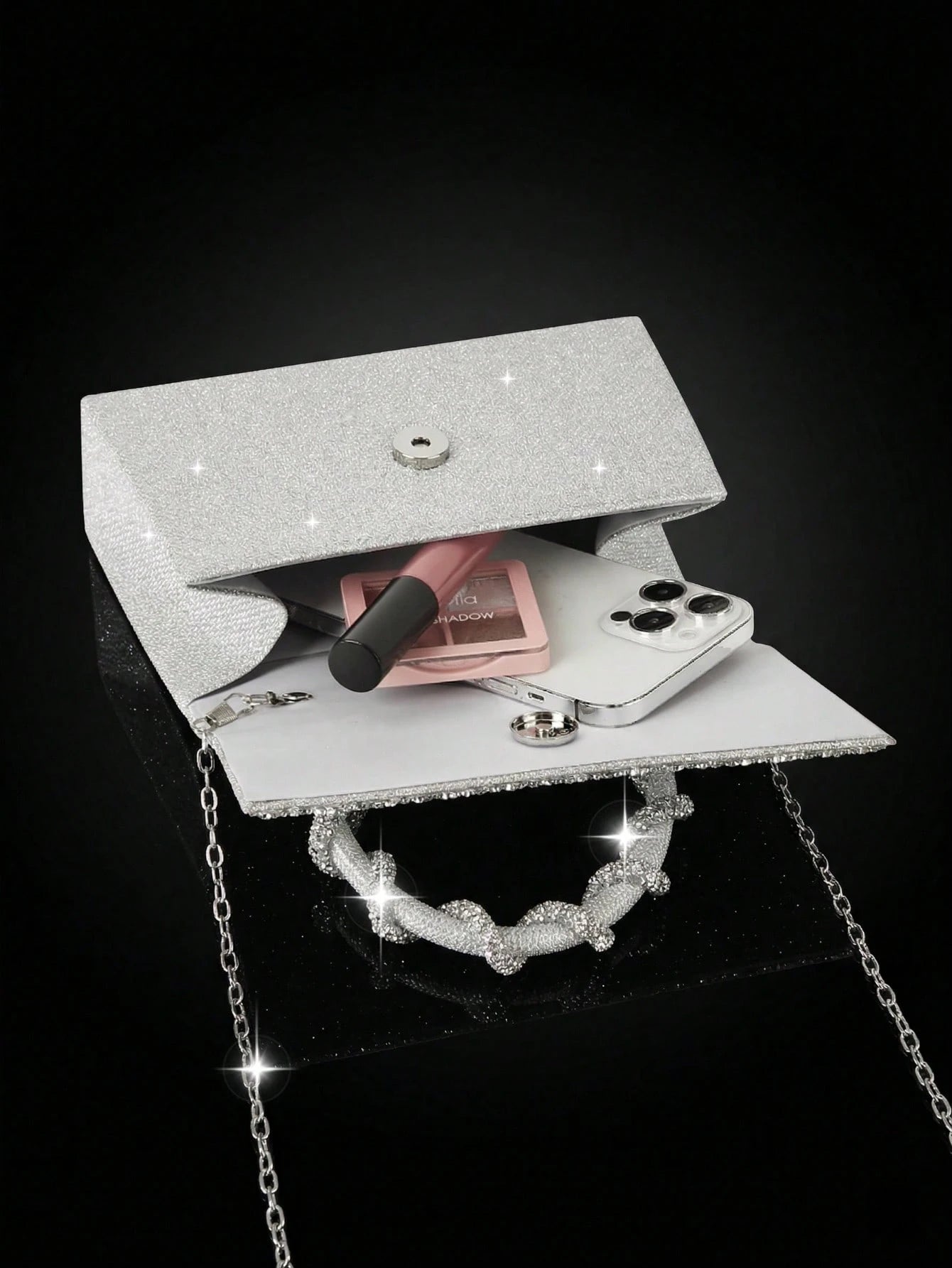 Shiny Women's Clutch Bag, New Rhinestone Evening Bag, Women's Party Bag, Luxury Envelope Bag, Bridal Wedding Bag, Paired With Shiny Rhinestone Jewelry 3 Pieces Set, Rhinestone Necklace, Earrings, Brac