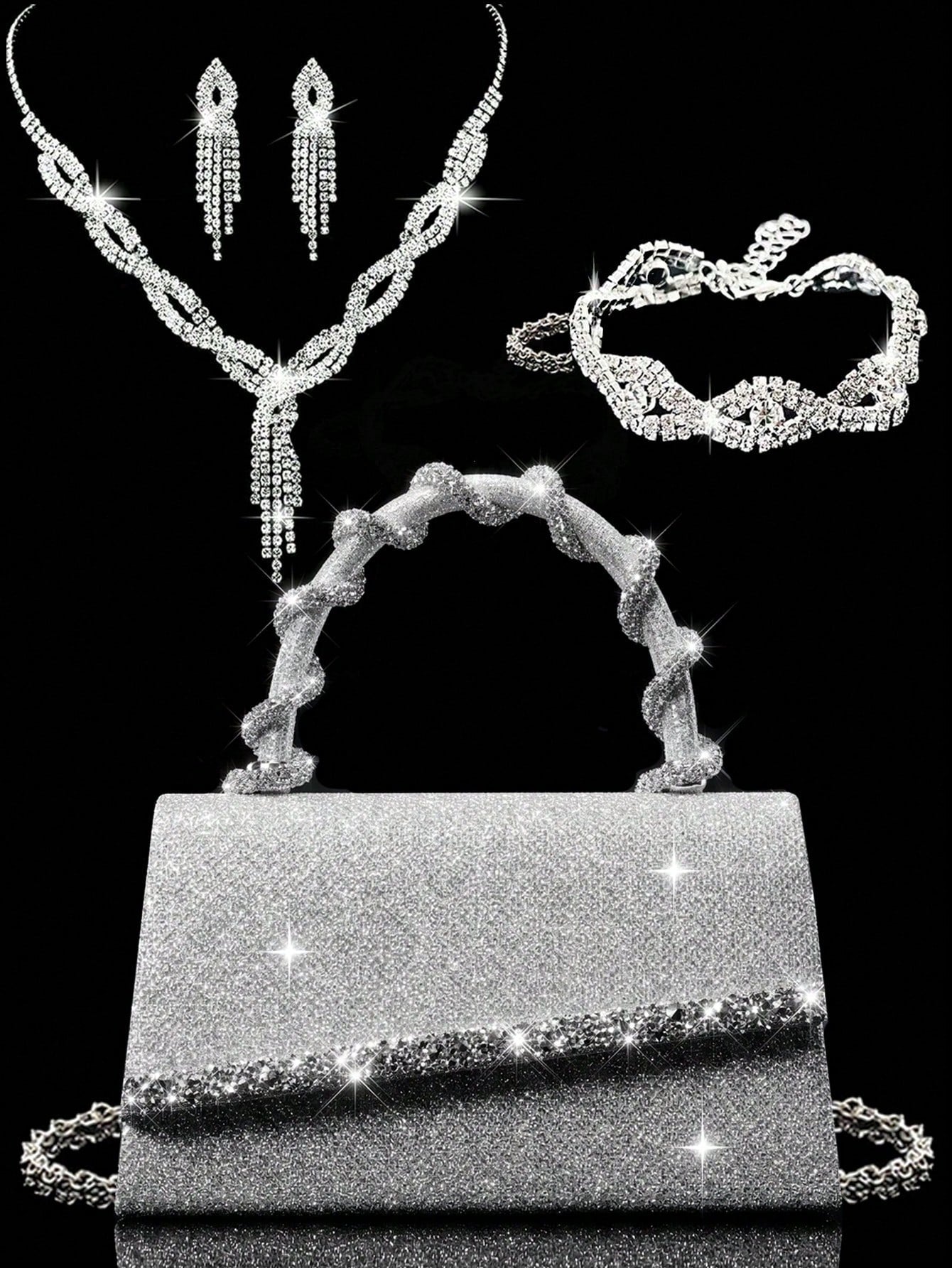 Shiny Women's Clutch Bag, New Rhinestone Evening Bag, Women's Party Bag, Luxury Envelope Bag, Bridal Wedding Bag, Paired With Shiny Rhinestone Jewelry 3 Pieces Set, Rhinestone Necklace, Earrings, Brac