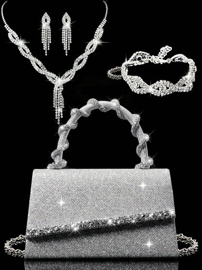 Shiny Women's Clutch Bag, New Rhinestone Evening Bag, Women's Party Bag, Luxury Envelope Bag, Bridal Wedding Bag, Paired With Shiny Rhinestone Jewelry 3 Pieces Set, Rhinestone Necklace, Earrings, Brac
