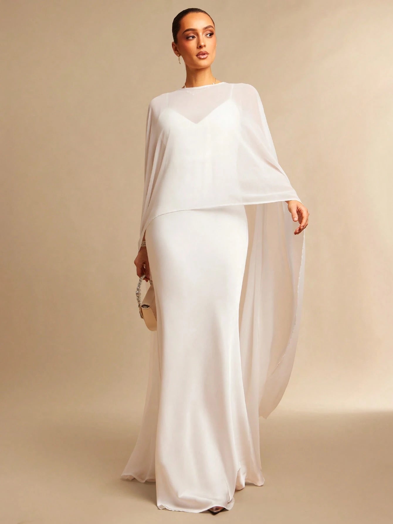 Silquee Off-White Summer Elegant Dining Satin Dress,Chiffon Shawl&Fishtail Hem Gown,Abaya For Women Wedding,Valentine's Day,Nightclub Party,Fitted Long Gown