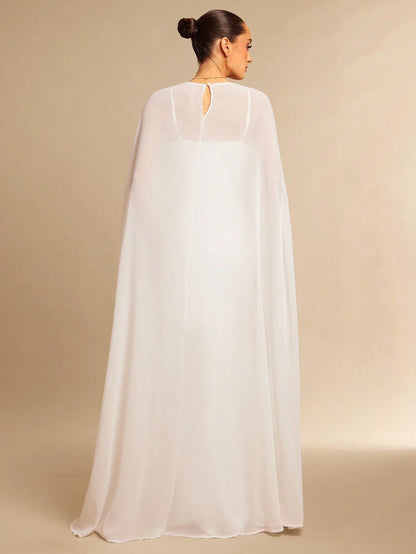 Silquee Off-White Summer Elegant Dining Satin Dress,Chiffon Shawl&Fishtail Hem Gown,Abaya For Women Wedding,Valentine's Day,Nightclub Party,Fitted Long Gown