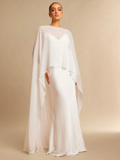 Silquee Off-White Summer Elegant Dining Satin Dress,Chiffon Shawl&Fishtail Hem Gown,Abaya For Women Wedding,Valentine's Day,Nightclub Party,Fitted Long Gown