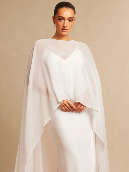 Silquee Off-White Summer Elegant Dining Satin Dress,Chiffon Shawl&Fishtail Hem Gown,Abaya For Women Wedding,Valentine's Day,Nightclub Party,Fitted Long Gown