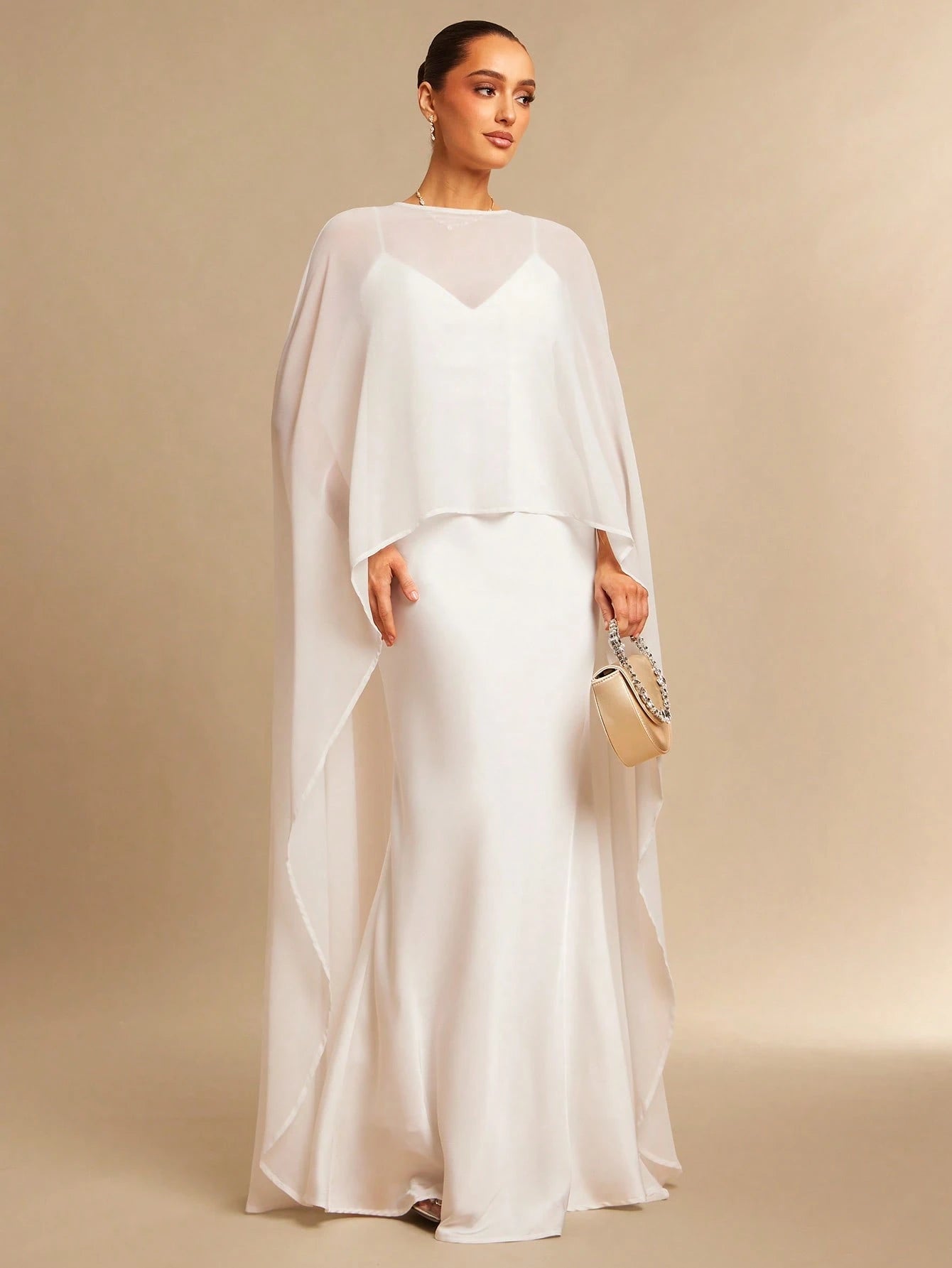 Silquee Off-White Summer Elegant Dining Satin Dress,Chiffon Shawl&Fishtail Hem Gown,Abaya For Women Wedding,Valentine's Day,Nightclub Party,Fitted Long Gown