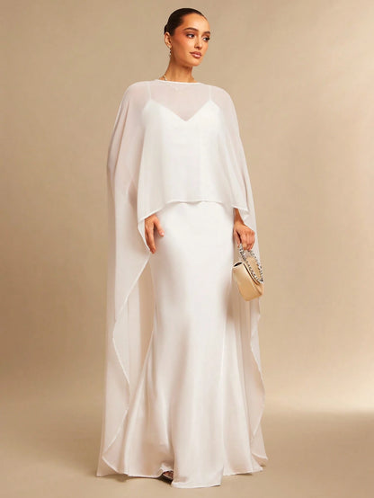 Silquee Off-White Summer Elegant Dining Satin Dress,Chiffon Shawl&Fishtail Hem Gown,Abaya For Women Wedding,Valentine's Day,Nightclub Party,Fitted Long Gown