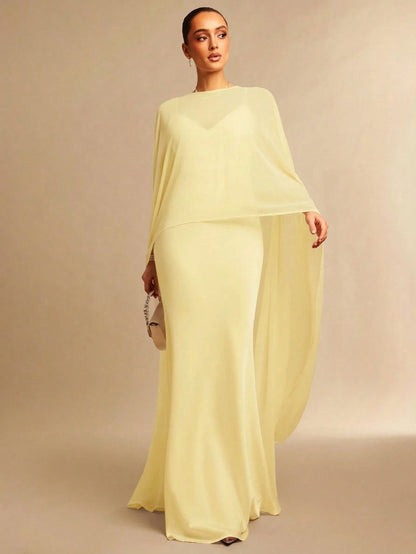 Silquee Off-White Summer Elegant Dining Satin Dress,Chiffon Shawl&Fishtail Hem Gown,Abaya For Women Wedding,Valentine's Day,Nightclub Party,Fitted Long Gown