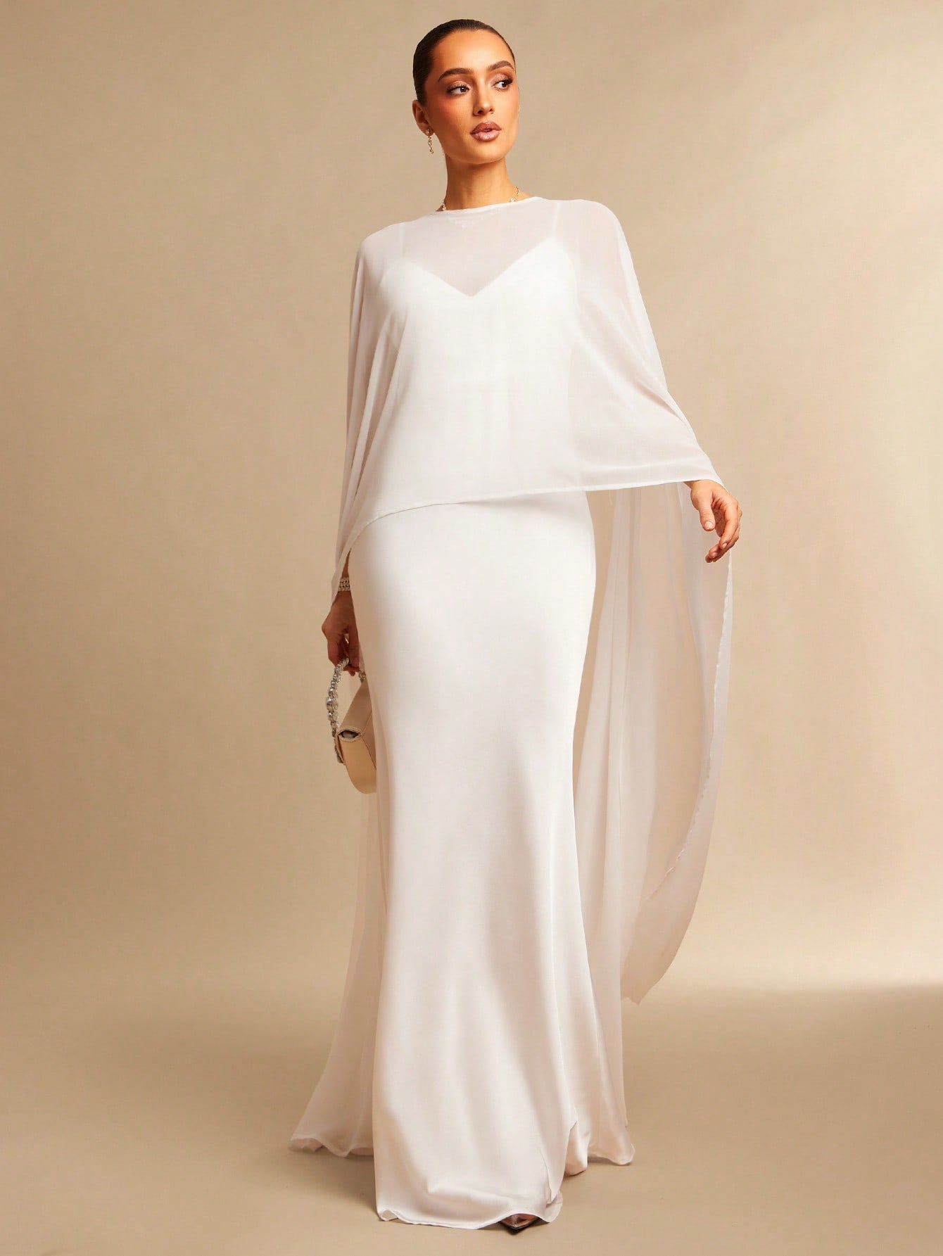 Silquee Off-White Summer Elegant Dining Satin Dress,Chiffon Shawl&Fishtail Hem Gown,Abaya For Women Wedding,Valentine's Day,Nightclub Party,Fitted Long Gown