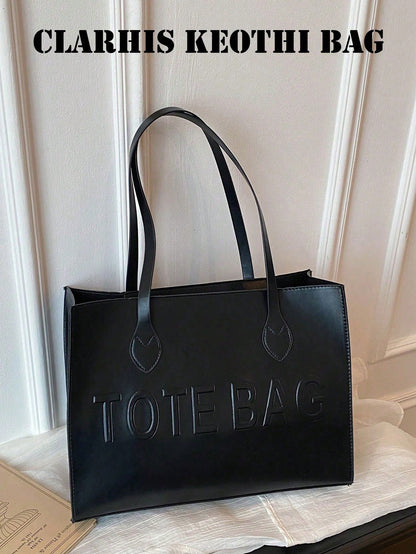 Simple Black PU Tote Handbag, Spacious Shoulder Bag Stylish Carryall Purse For Commuting, Business, Shopping And Casual Outings
