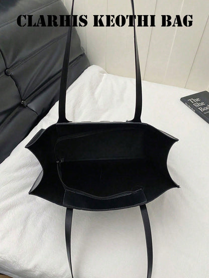 Simple Black PU Tote Handbag, Spacious Shoulder Bag Stylish Carryall Purse For Commuting, Business, Shopping And Casual Outings