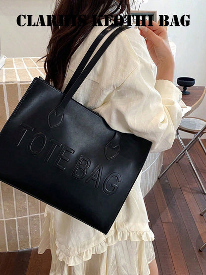 Simple Black PU Tote Handbag, Spacious Shoulder Bag Stylish Carryall Purse For Commuting, Business, Shopping And Casual Outings