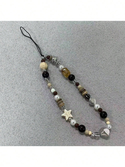 Simulated Brown Beaded Heart Design Phone Lanyard, Key Chain, Accessory For Camera, Bag