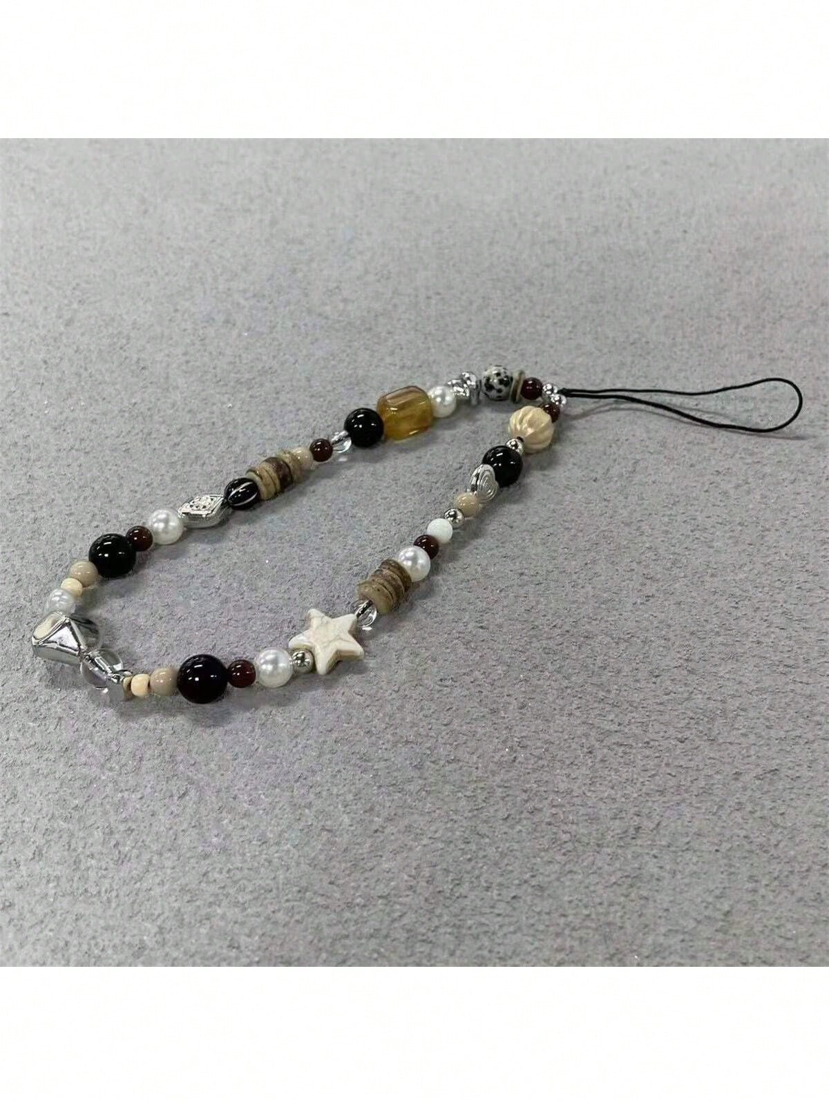 Simulated Brown Beaded Heart Design Phone Lanyard, Key Chain, Accessory For Camera, Bag