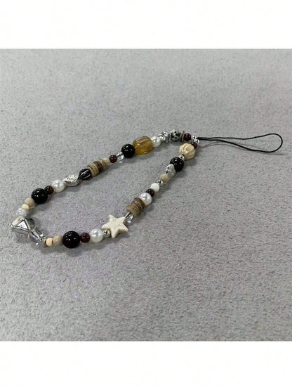 Simulated Brown Beaded Heart Design Phone Lanyard, Key Chain, Accessory For Camera, Bag