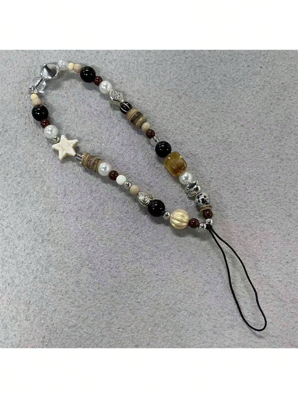 Simulated Brown Beaded Heart Design Phone Lanyard, Key Chain, Accessory For Camera, Bag