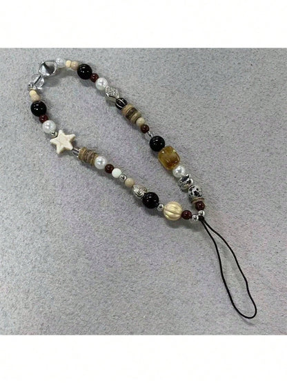 Simulated Brown Beaded Heart Design Phone Lanyard, Key Chain, Accessory For Camera, Bag