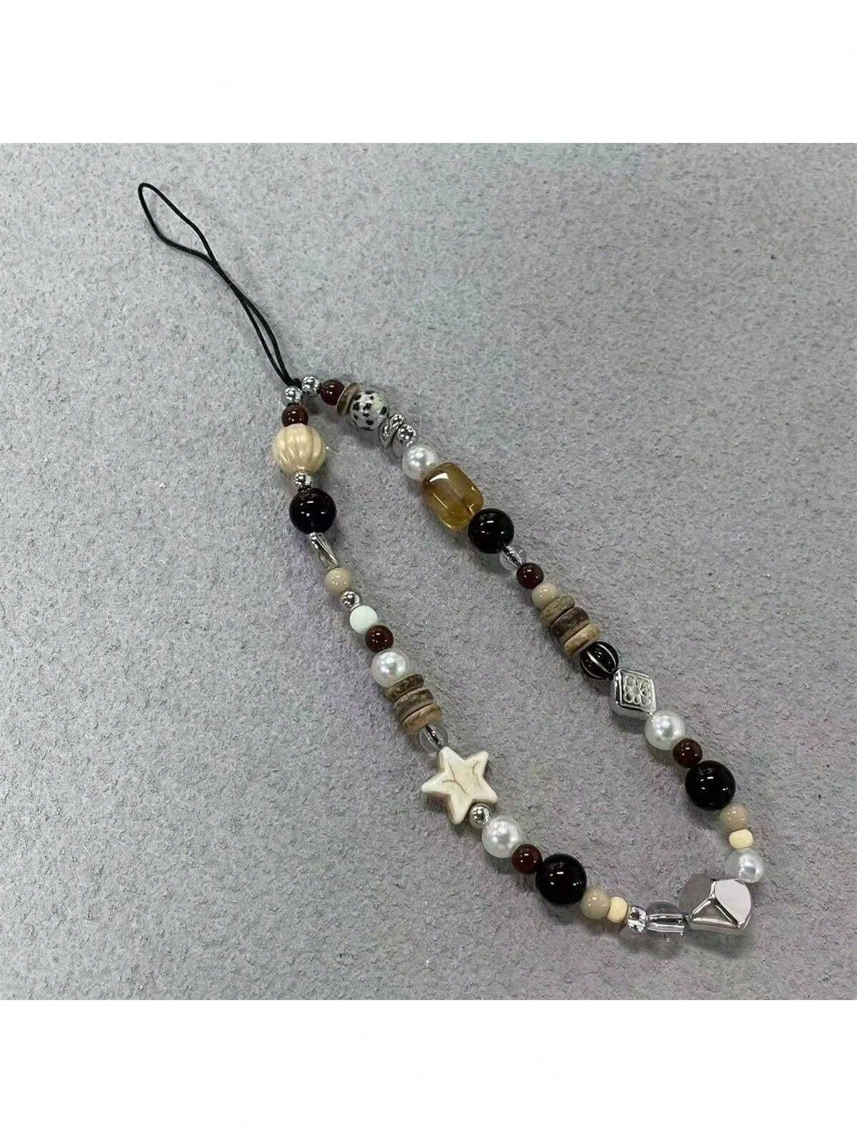 Simulated Brown Beaded Heart Design Phone Lanyard, Key Chain, Accessory For Camera, Bag