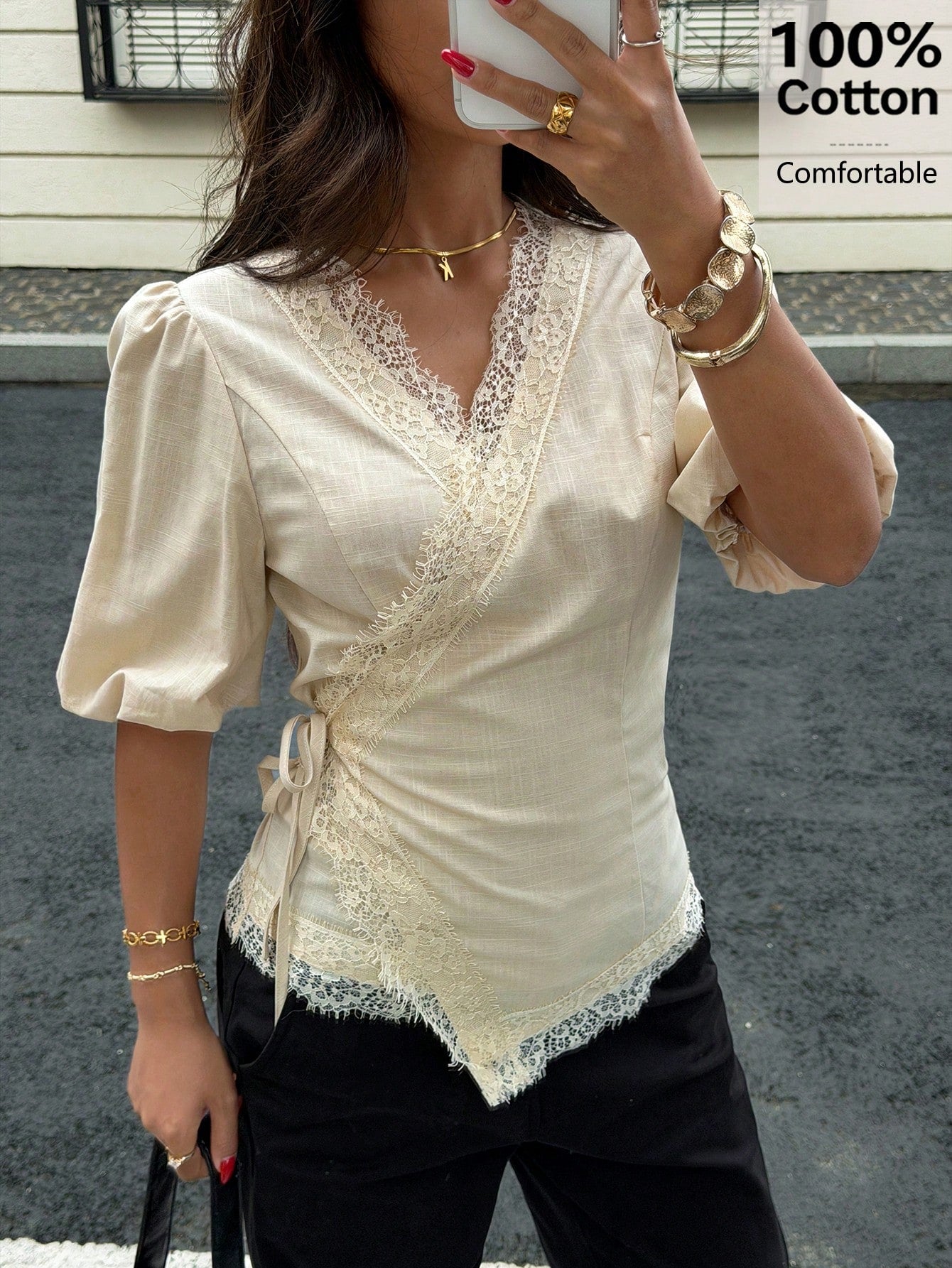 Siren Gaze 100% Cotton Puff Sleeve Wrap Shirt, Lace Trim Edging, V-Neck Casual Shirt For Summer Elegant