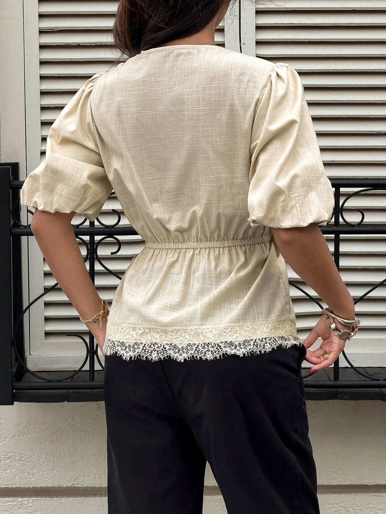 Siren Gaze 100% Cotton Puff Sleeve Wrap Shirt, Lace Trim Edging, V-Neck Casual Shirt For Summer Elegant