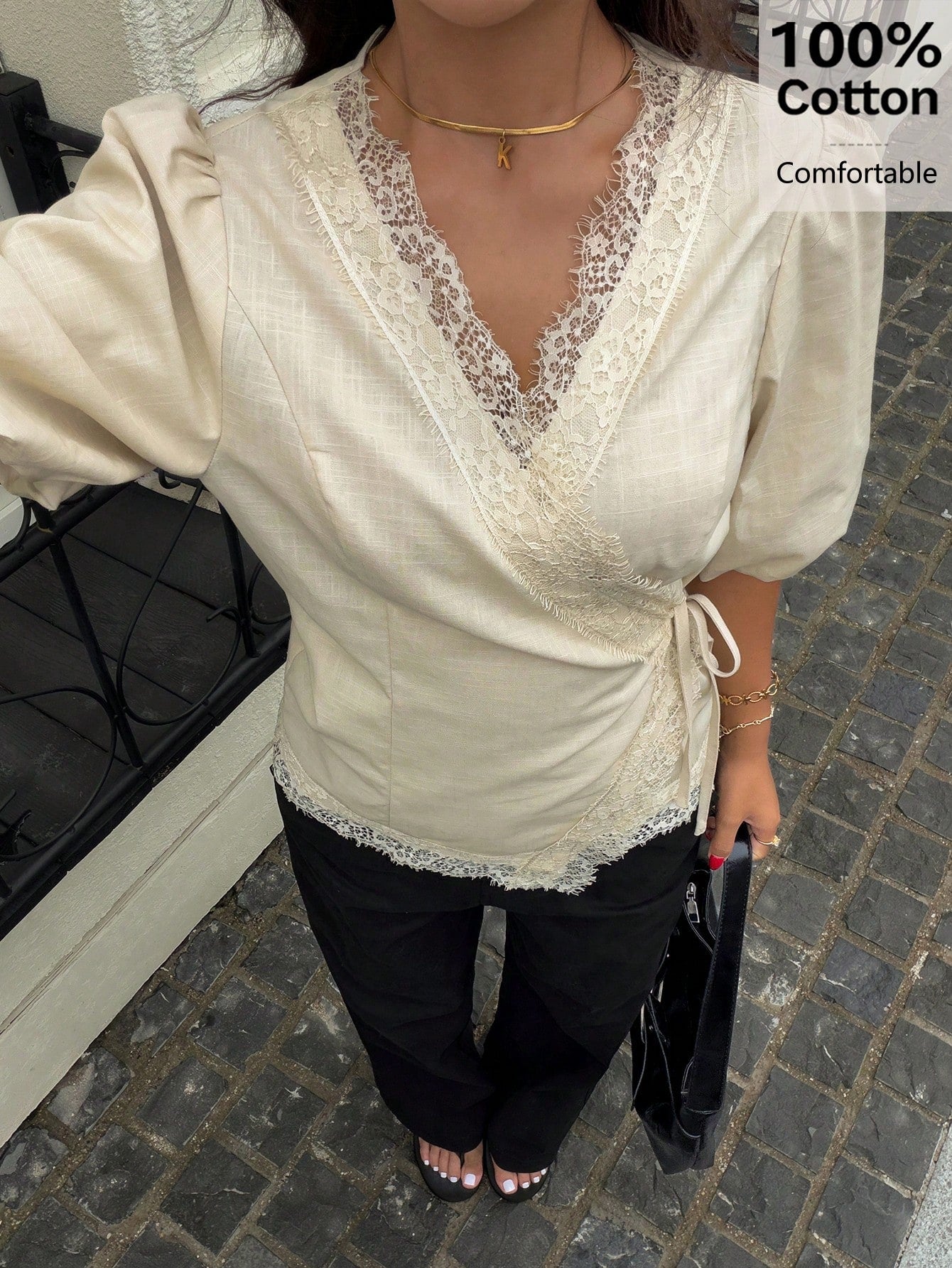 Siren Gaze 100% Cotton Puff Sleeve Wrap Shirt, Lace Trim Edging, V-Neck Casual Shirt For Summer Elegant