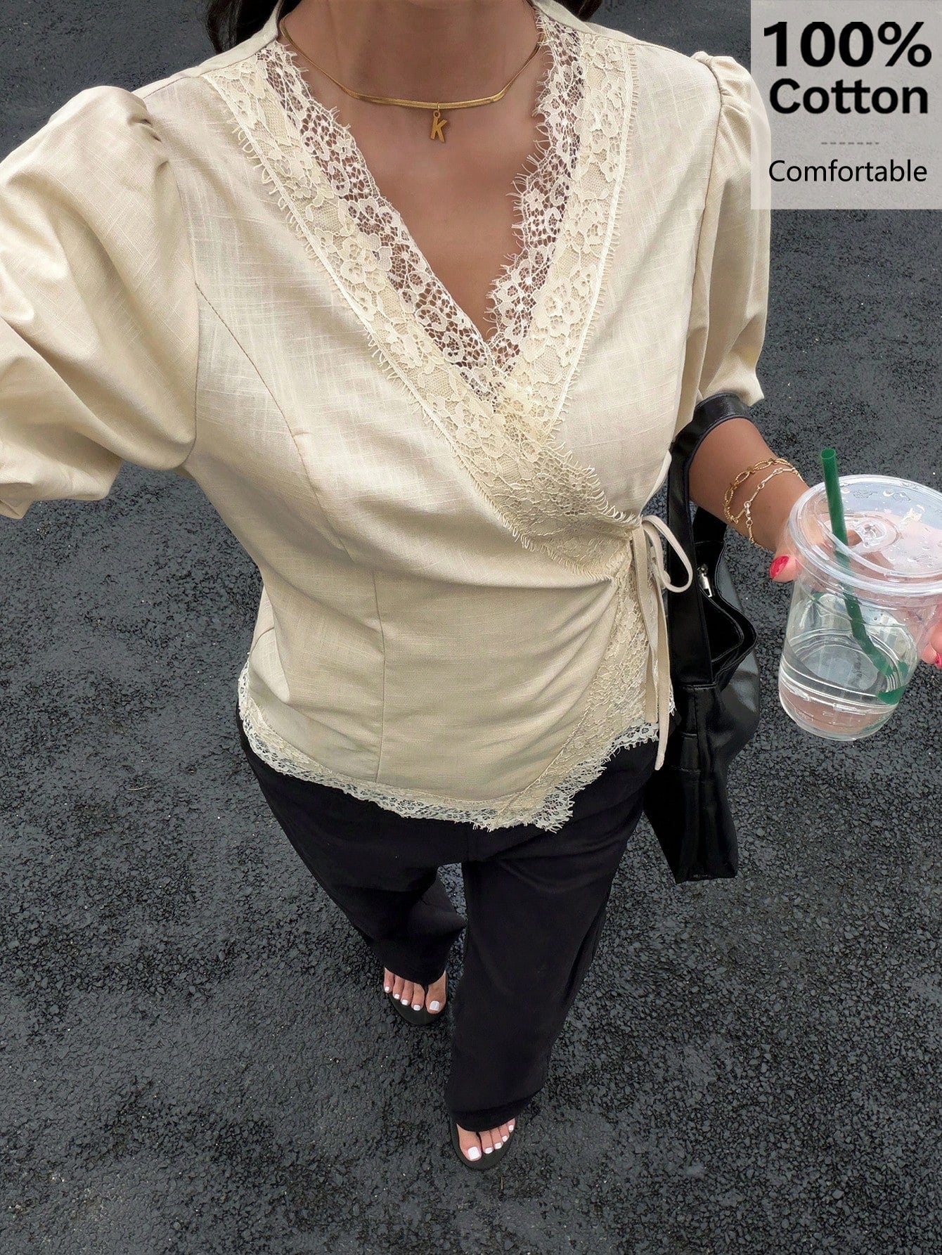 Siren Gaze 100% Cotton Puff Sleeve Wrap Shirt, Lace Trim Edging, V-Neck Casual Shirt For Summer Elegant
