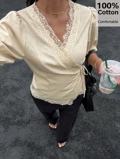 Siren Gaze 100% Cotton Puff Sleeve Wrap Shirt, Lace Trim Edging, V-Neck Casual Shirt For Summer Elegant