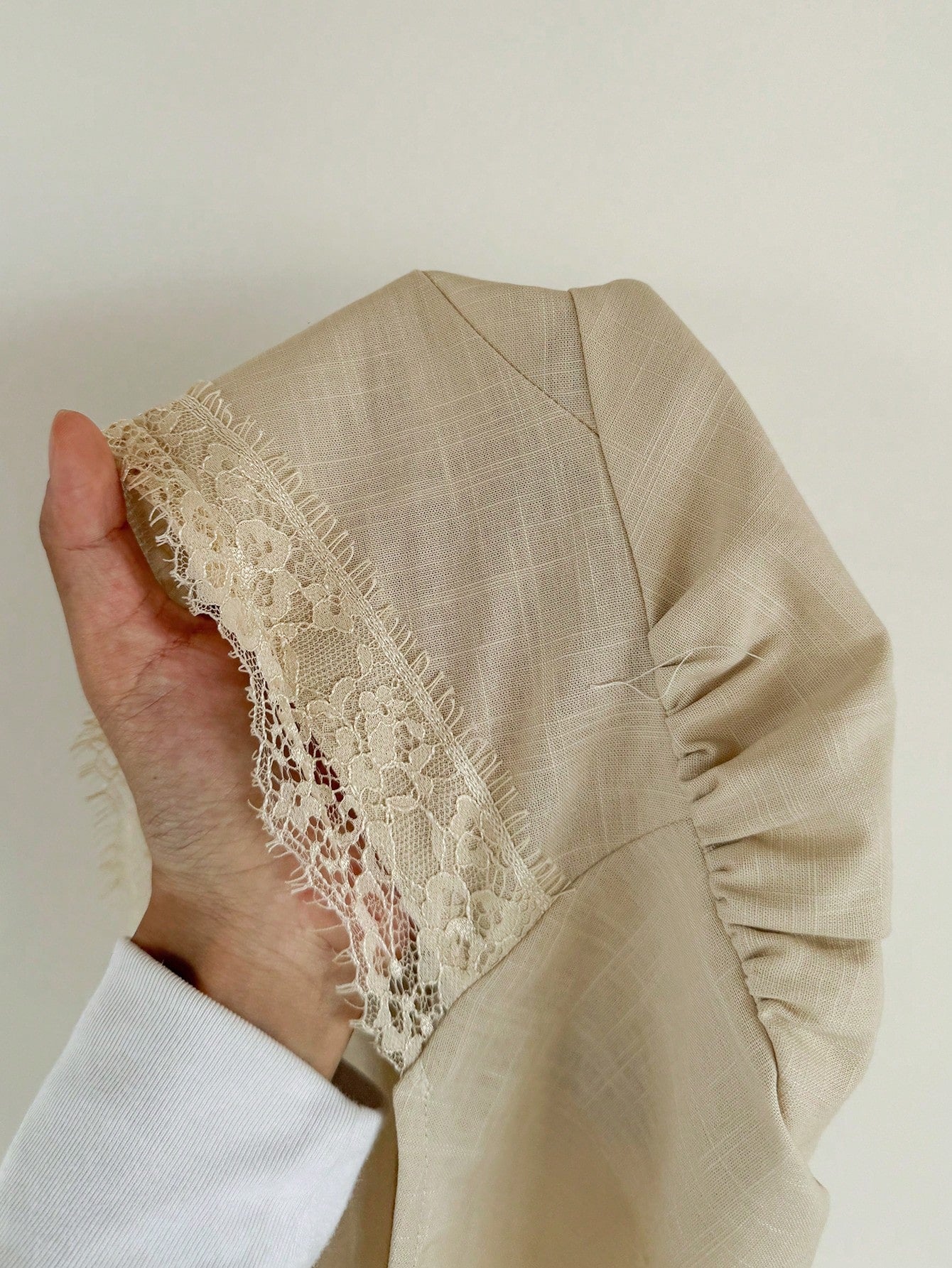 Siren Gaze 100% Cotton Puff Sleeve Wrap Shirt, Lace Trim Edging, V-Neck Casual Shirt For Summer Elegant