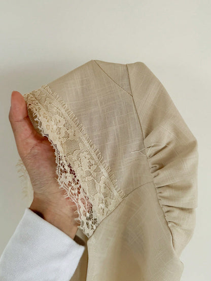 Siren Gaze 100% Cotton Puff Sleeve Wrap Shirt, Lace Trim Edging, V-Neck Casual Shirt For Summer Elegant