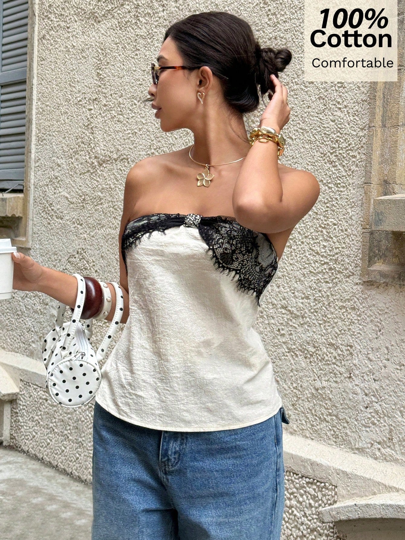 Siren Gaze 100% Pure Cotton French Retro Patchwork Lace Strapless Top,Summer Elegant Night Out Black And White Sleeveless Off-Shoulder Short Casual Camisole