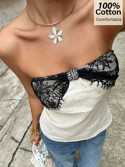 Siren Gaze 100% Pure Cotton French Retro Patchwork Lace Strapless Top,Summer Elegant Night Out Black And White Sleeveless Off-Shoulder Short Casual Camisole